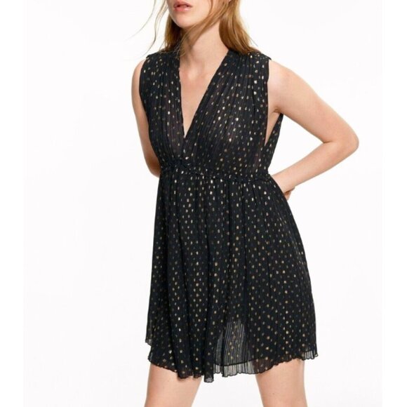 ZARA Woman's Small Pleated Black Dress Polka Dot Gold‎ Sleeveless Metallic Mini - Picture 1 of 13